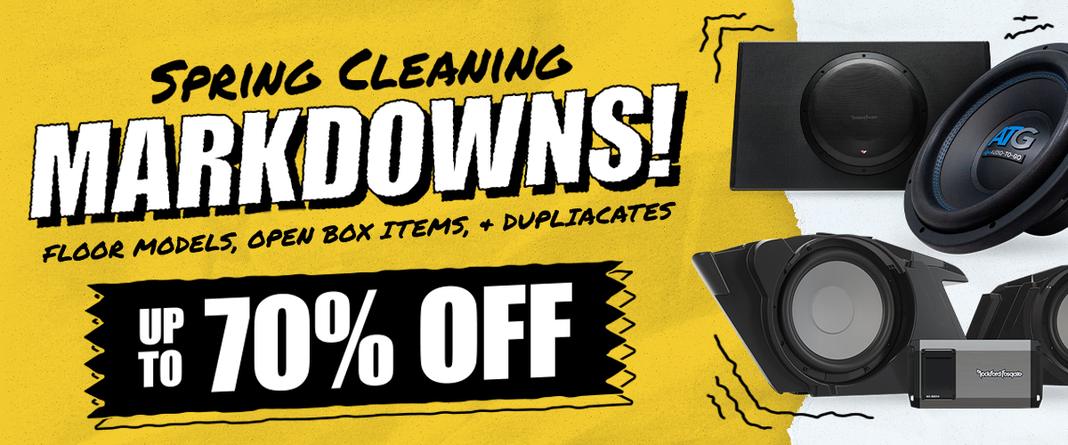 ABC Warehouse Spring Cleaning Markdowns sale on mobilecar audio, including floor models, open box items, and duplicates with savings up to 70% off subwoofers and speakers.
