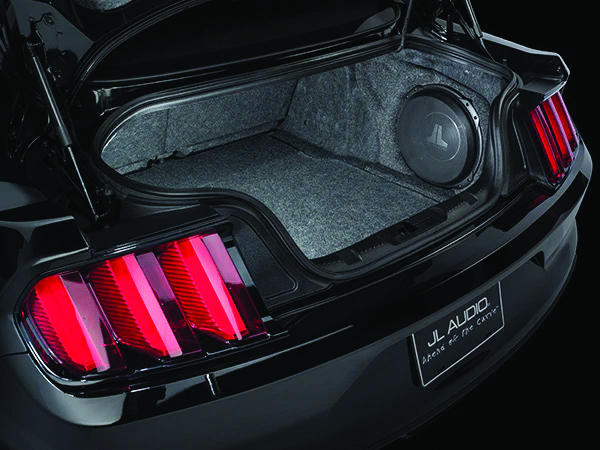 JL Audio Stealthbox back of Mustang